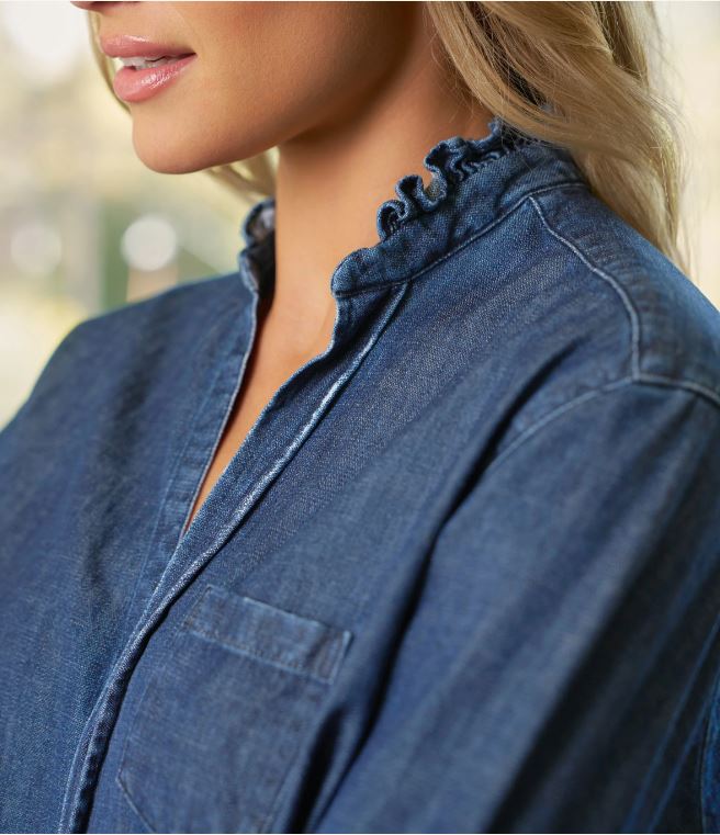 Frank &amp; Eileen Ruffle Eileen Button Up Shirt Vintage Dark Wash-Shirts-West of Woodward Boutique-Vancouver-Canada