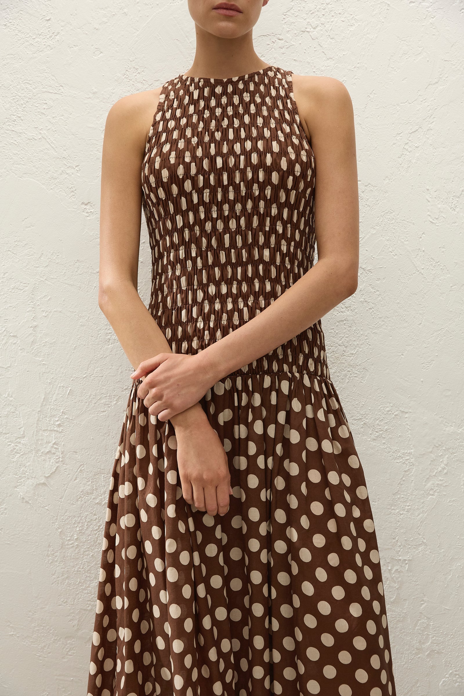 Faithfull Luisa Midi Dress Cioccolato Dot-Dresses-West of Woodward Boutique-Vancouver-Canada