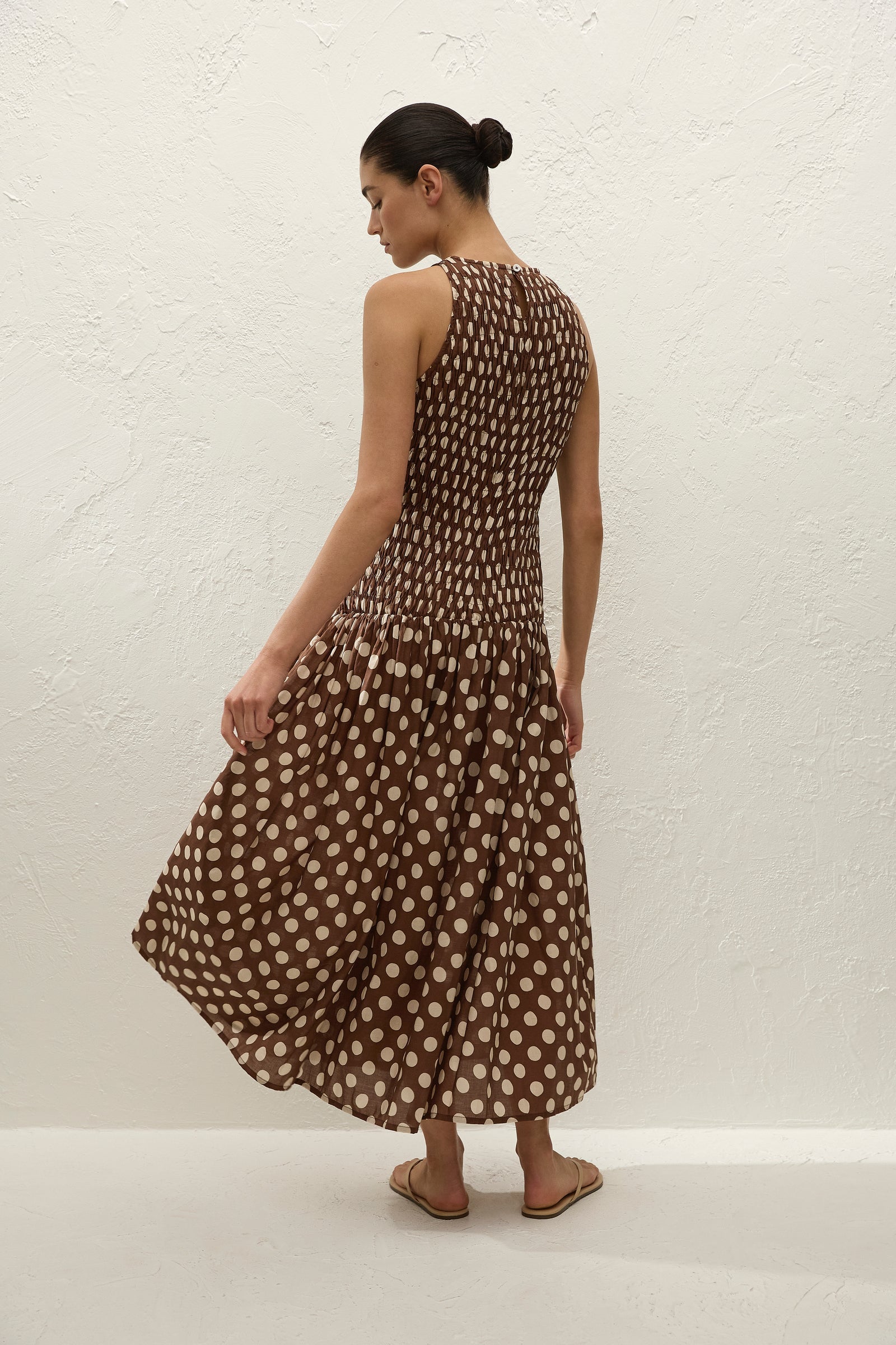 Faithfull Luisa Midi Dress Cioccolato Dot-Dresses-West of Woodward Boutique-Vancouver-Canada