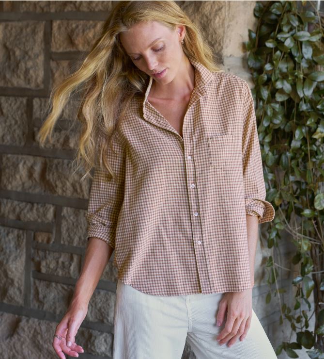 Frank & Eileen Button Up Shirt Eileen Sand Brown Cream Small Plaid-Shirts-West of Woodward Boutique-Vancouver-Canada
