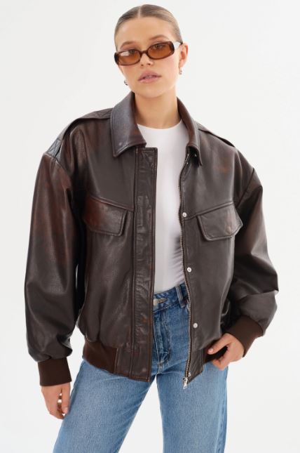 Lamarque Trevanna Leather Bomber Jacket Rub Off Brown-Coats-West of Woodward Boutique-Vancouver-Canada