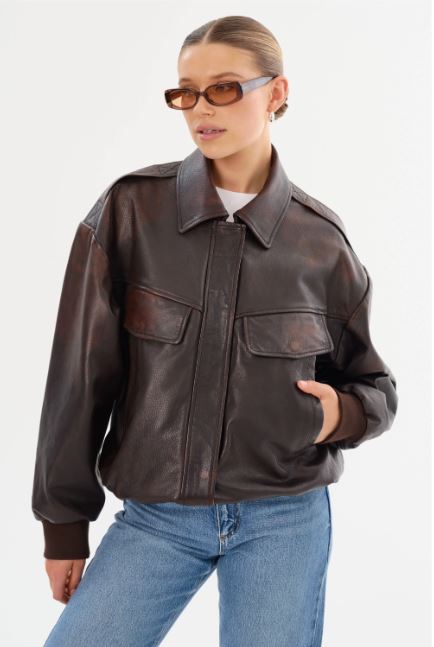 Lamarque Trevanna Leather Bomber Jacket Rub Off Brown-Coats-West of Woodward Boutique-Vancouver-Canada