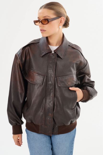 Lamarque Trevanna Leather Bomber Jacket Rub Off Brown-Coats-West of Woodward Boutique-Vancouver-Canada