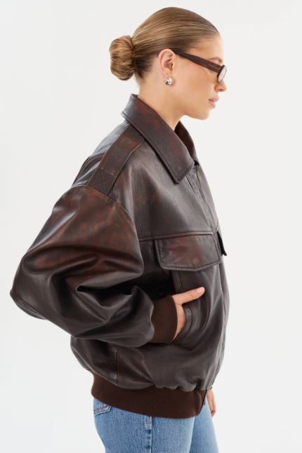 Lamarque Trevanna Leather Bomber Jacket Rub Off Brown-Coats-West of Woodward Boutique-Vancouver-Canada