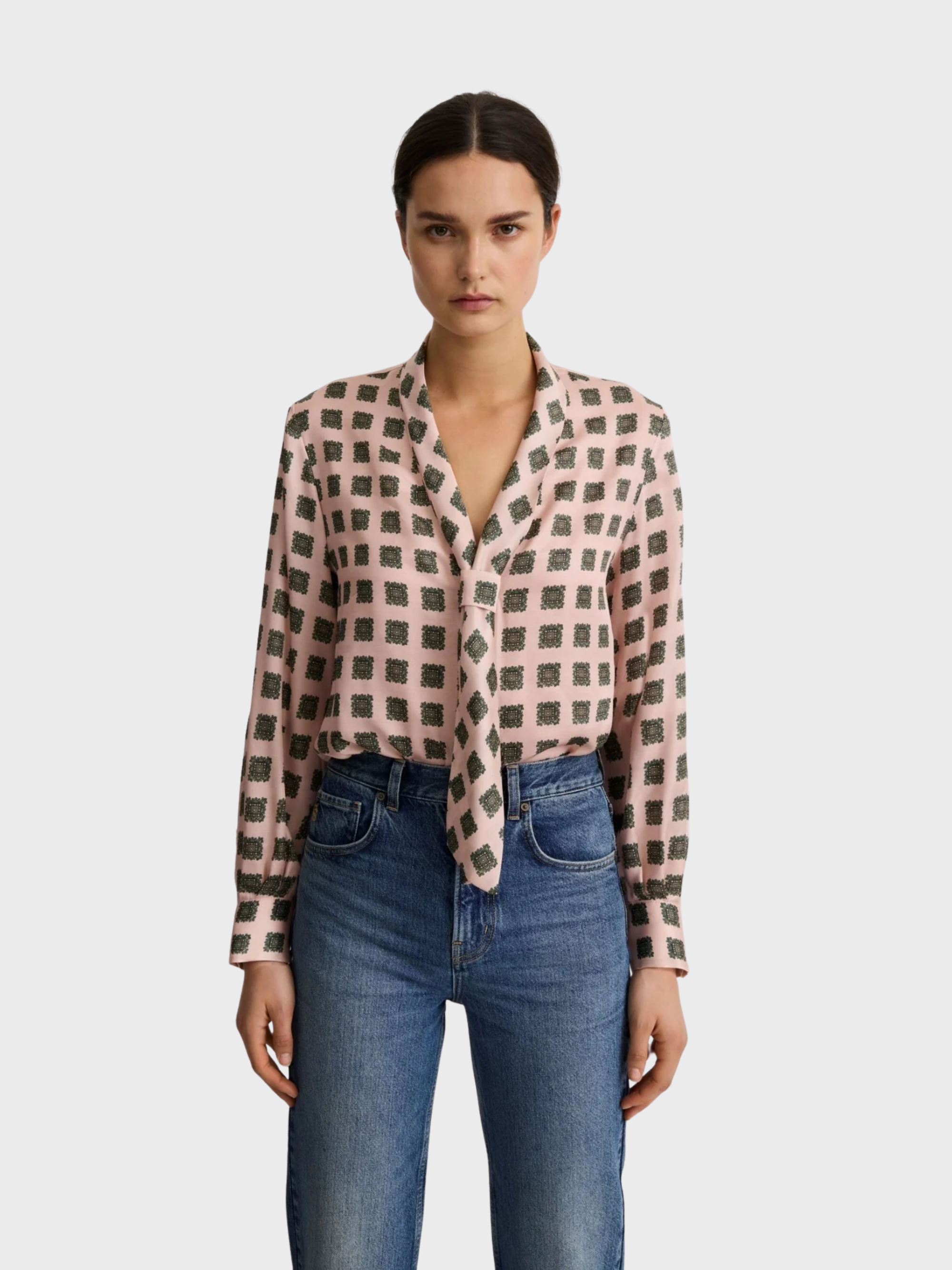 Smythe V-Necktie Blouse Blush Medallion-Shirts-West of Woodward Boutique-Vancouver-Canada