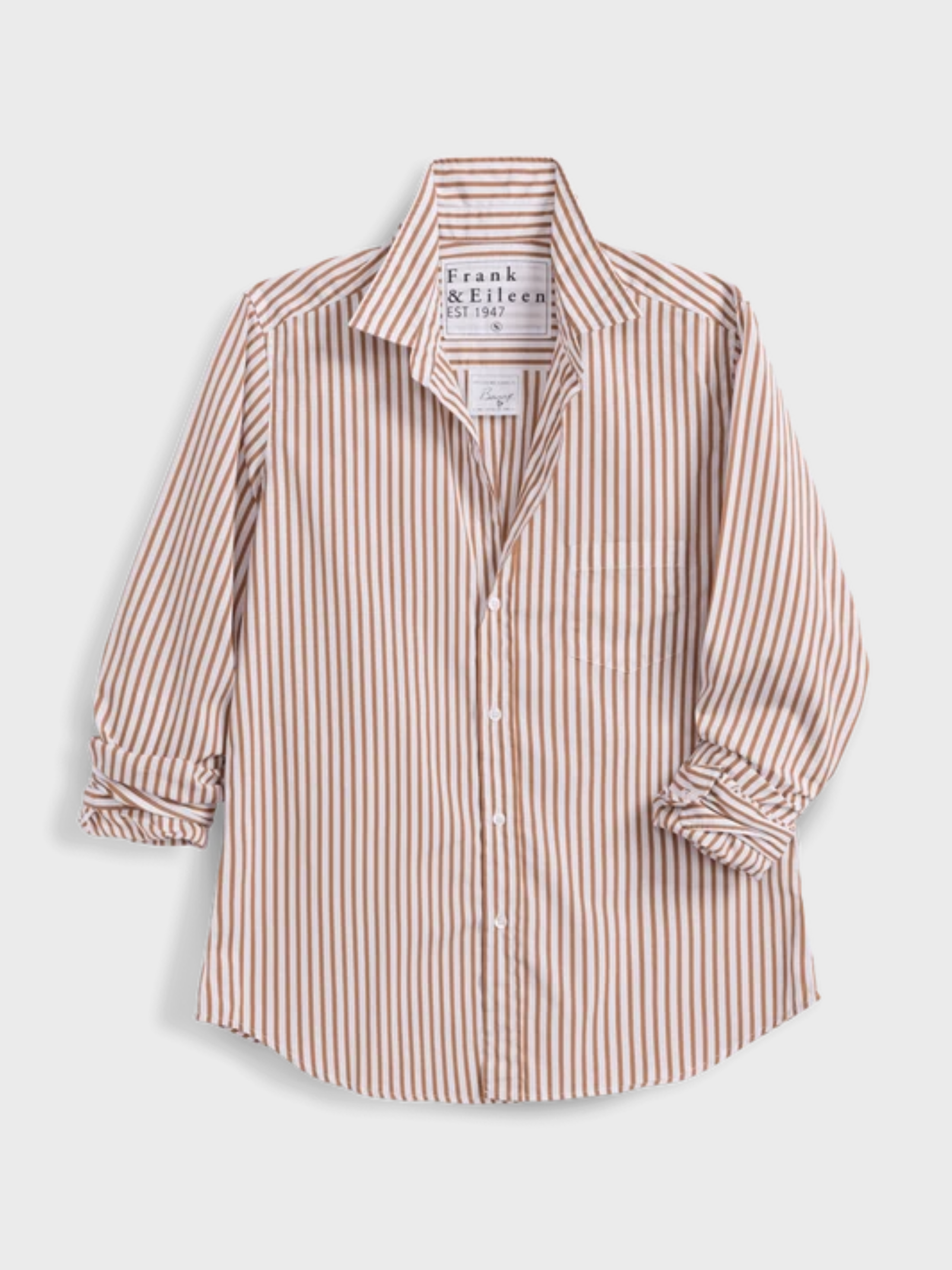 Frank & Eileen Barry Button Up Shirt Tan White Stripe-Shirts-West of Woodward Boutique-Vancouver-Canada