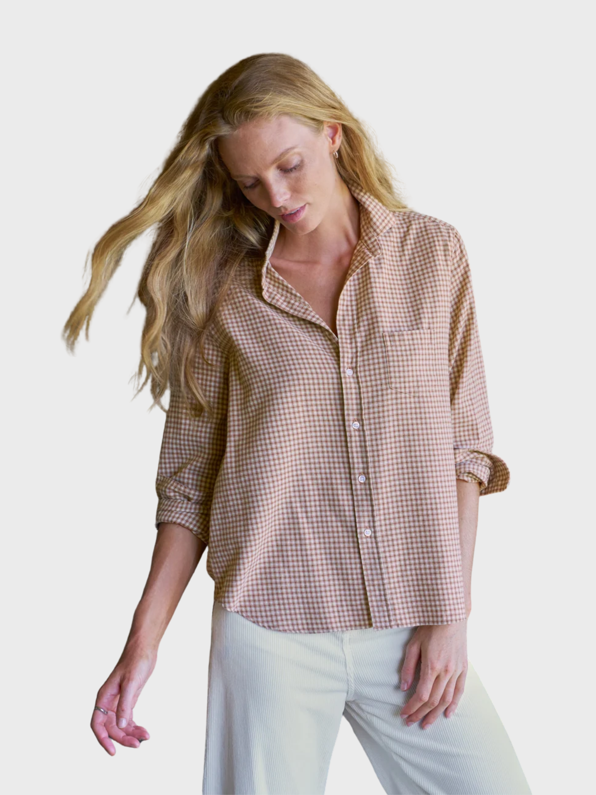 Frank & Eileen Button Up Shirt Eileen Sand Brown Cream Small Plaid-Shirts-West of Woodward Boutique-Vancouver-Canada