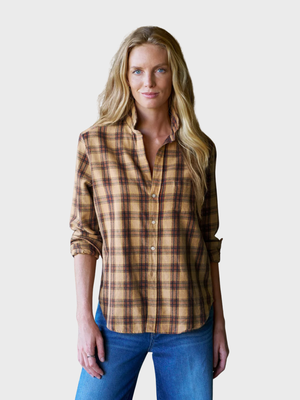 Frank & Eileen Button Up Shirt Eileen Gold Brown Black Plaid-Shirts-West of Woodward Boutique-Vancouver-Canada