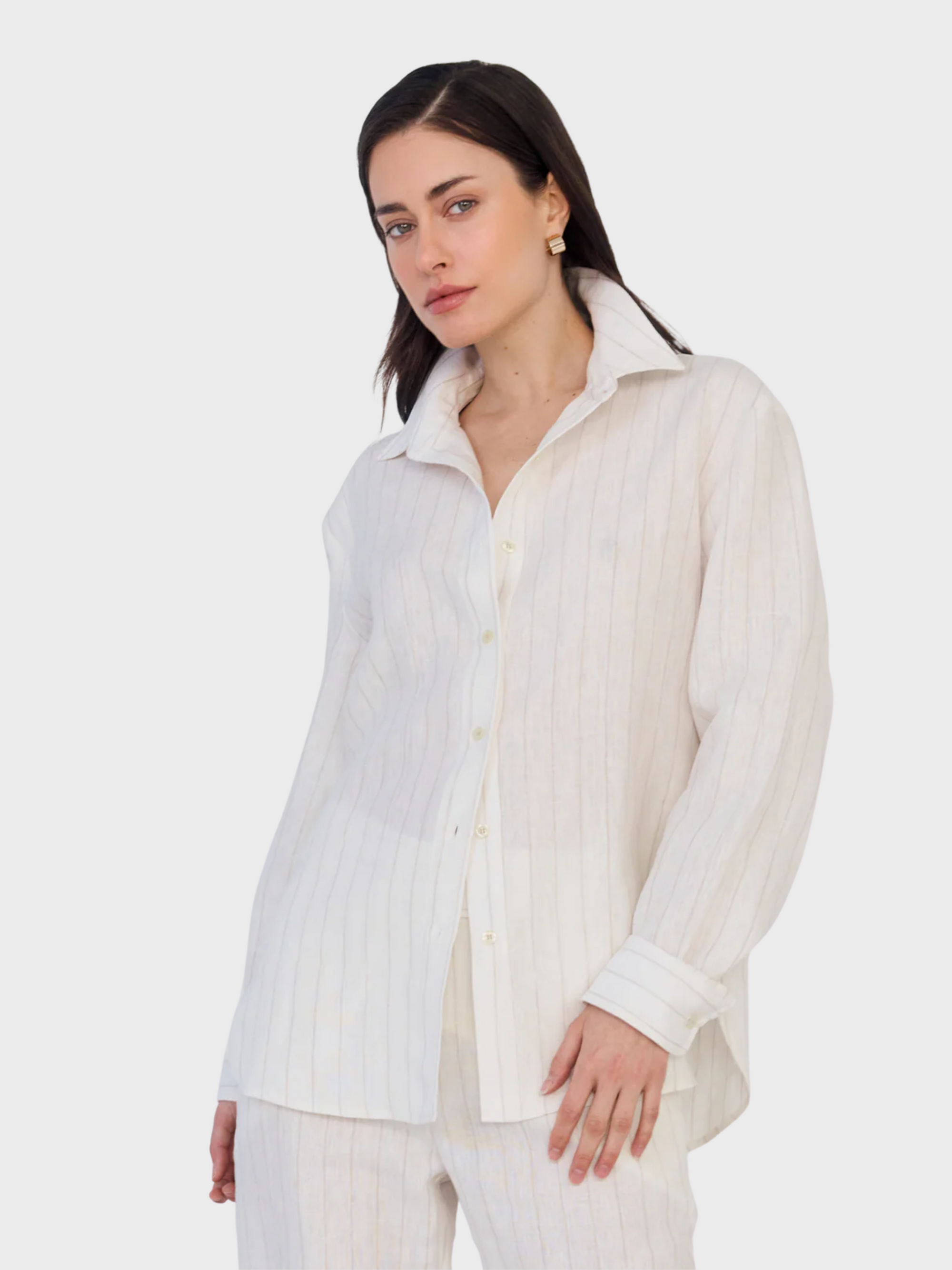 Whitney Linen Boyfriend Shirt Ivory Brown-Shirts-West of Woodward Boutique-Vancouver-Canada