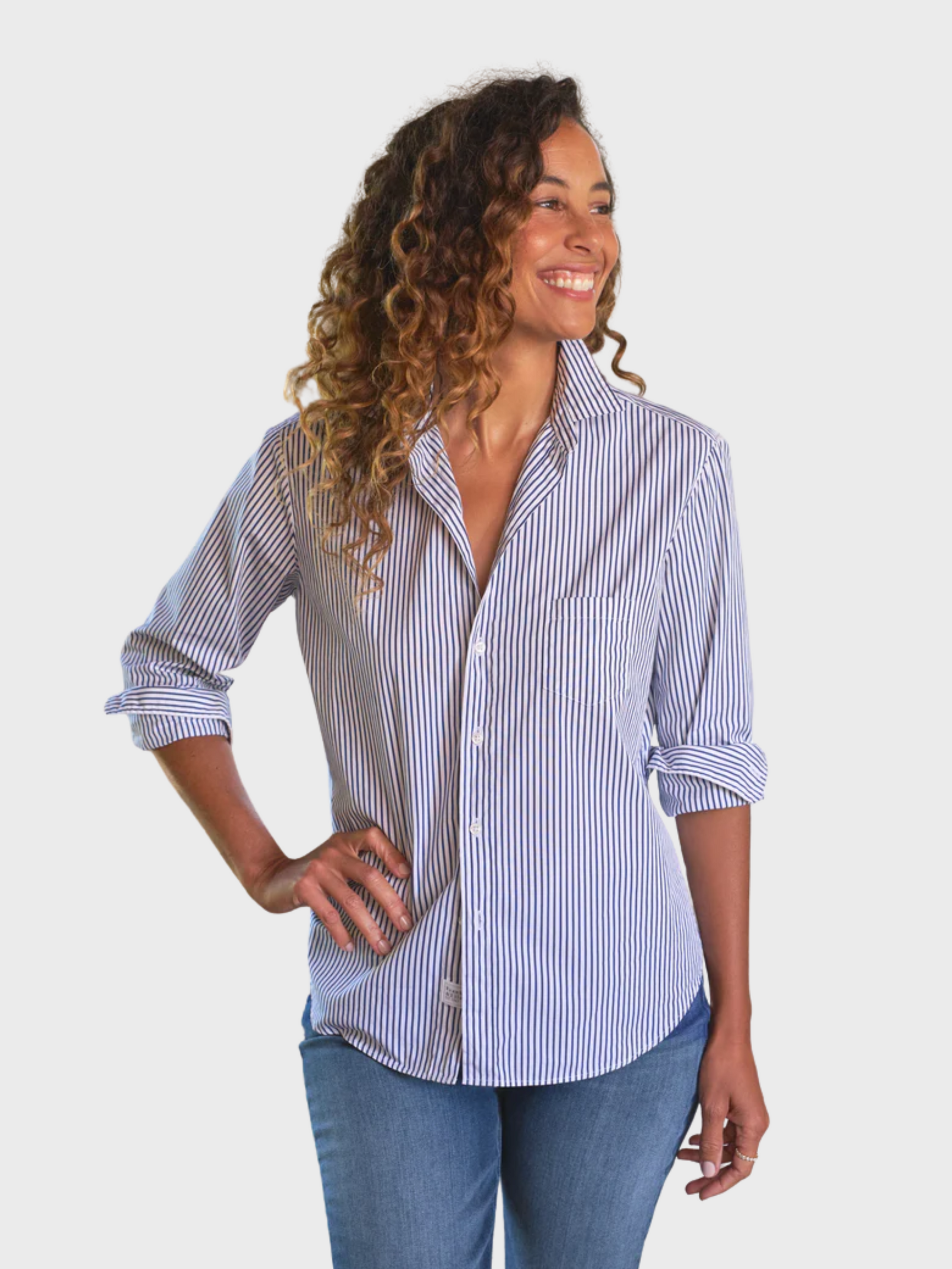 Frank & Eileen Eileen Button Up Shirt White Navy Stripe-Shirts-West of Woodward Boutique-Vancouver-Canada