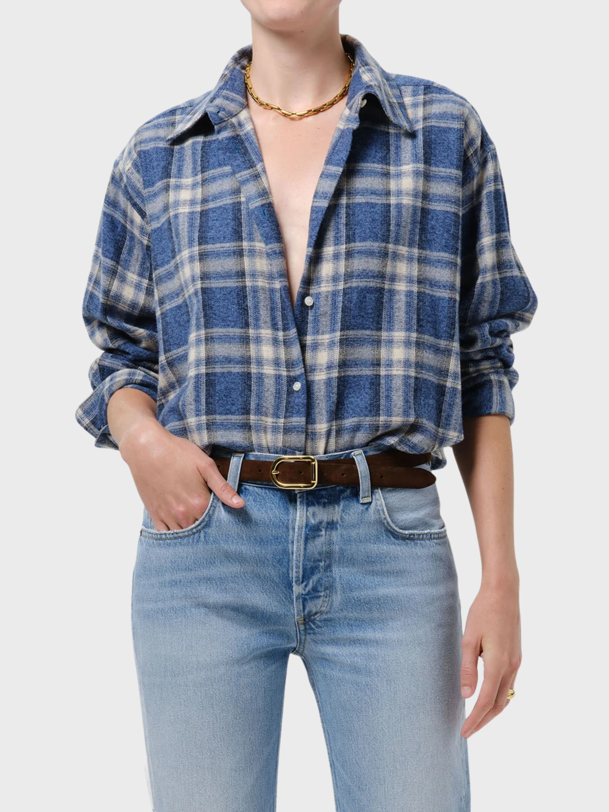 Citizens of Humanity Ana Cropped Button Up Shirt Marina Plaid-Shirts-West of Woodward Boutique-Vancouver-Canada