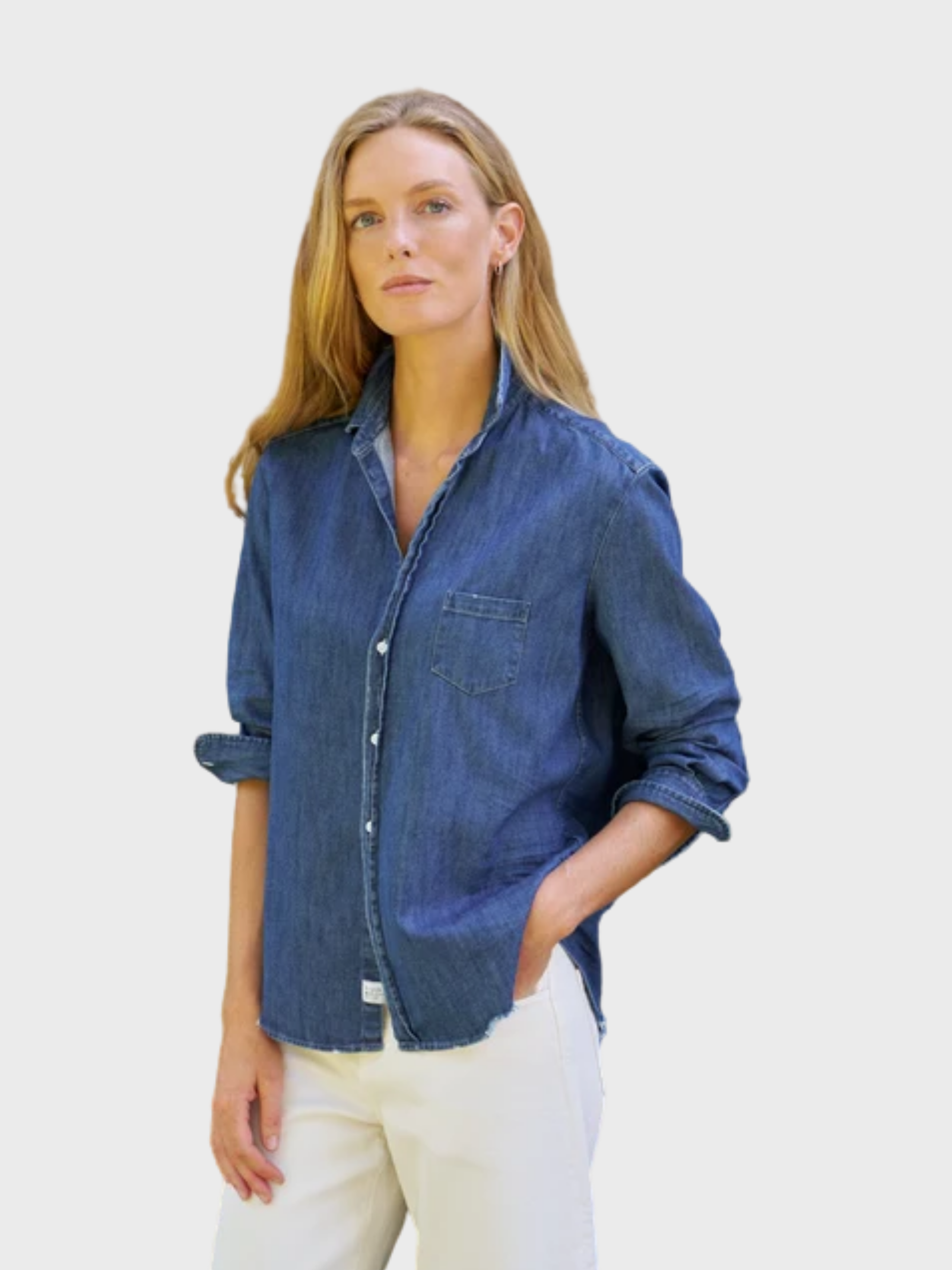 Frank &amp; Eileen Button Up Shirt Distressed Indigo Washed Denim-Shirts-West of Woodward Boutique-Vancouver-Canada