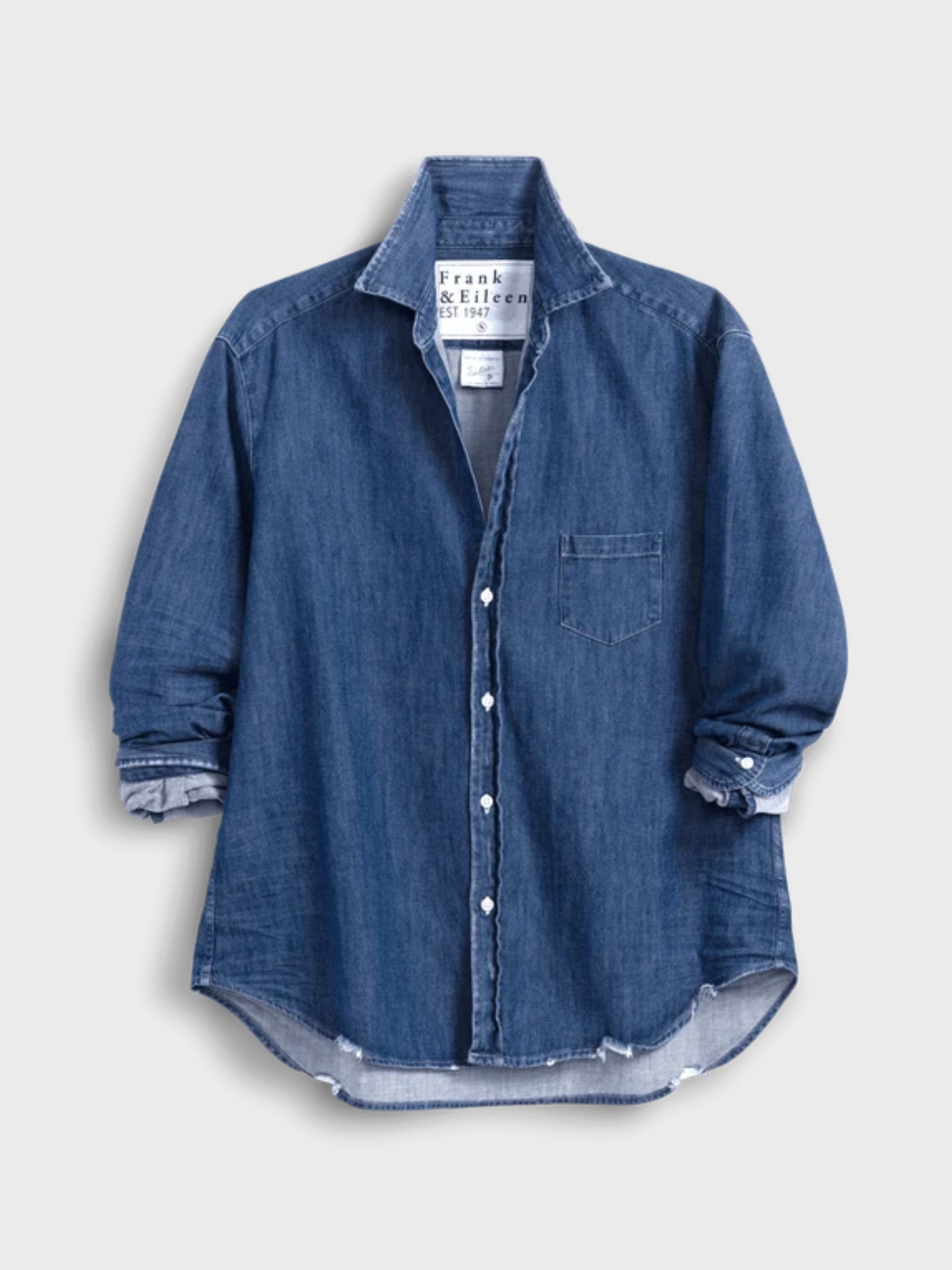 Frank &amp; Eileen Button Up Shirt Distressed Indigo Washed Denim-Shirts-West of Woodward Boutique-Vancouver-Canada