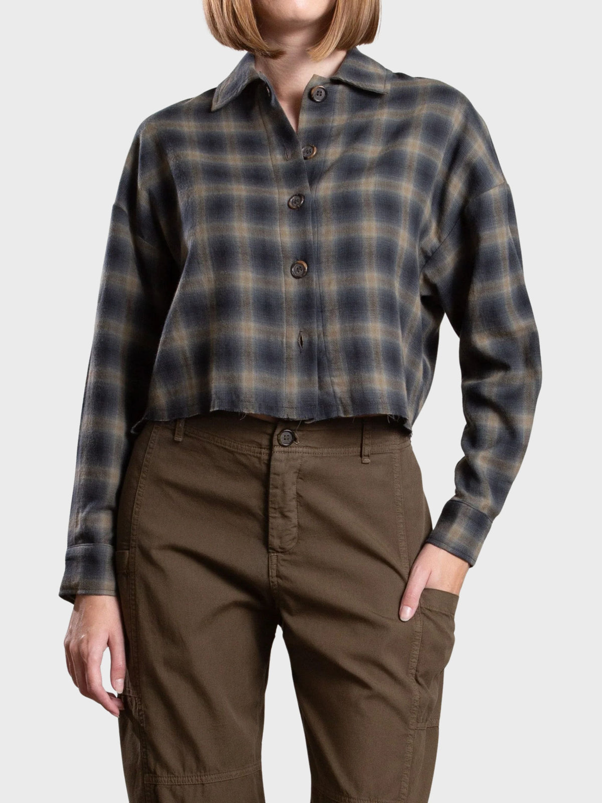 Pharaoh Esme Crop Shirt Ombre Plaid Ink-Shirts-West of Woodward Boutique-Vancouver-Canada