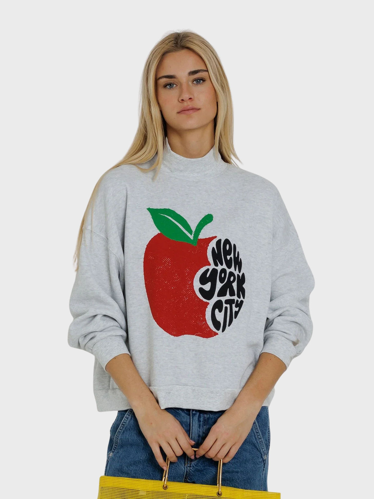Sunny Somewhere NYC Apple Bite Mockneck Sweatshirt Heather Ash-Sweatshirts-West of Woodward Boutique-Vancouver-Canada