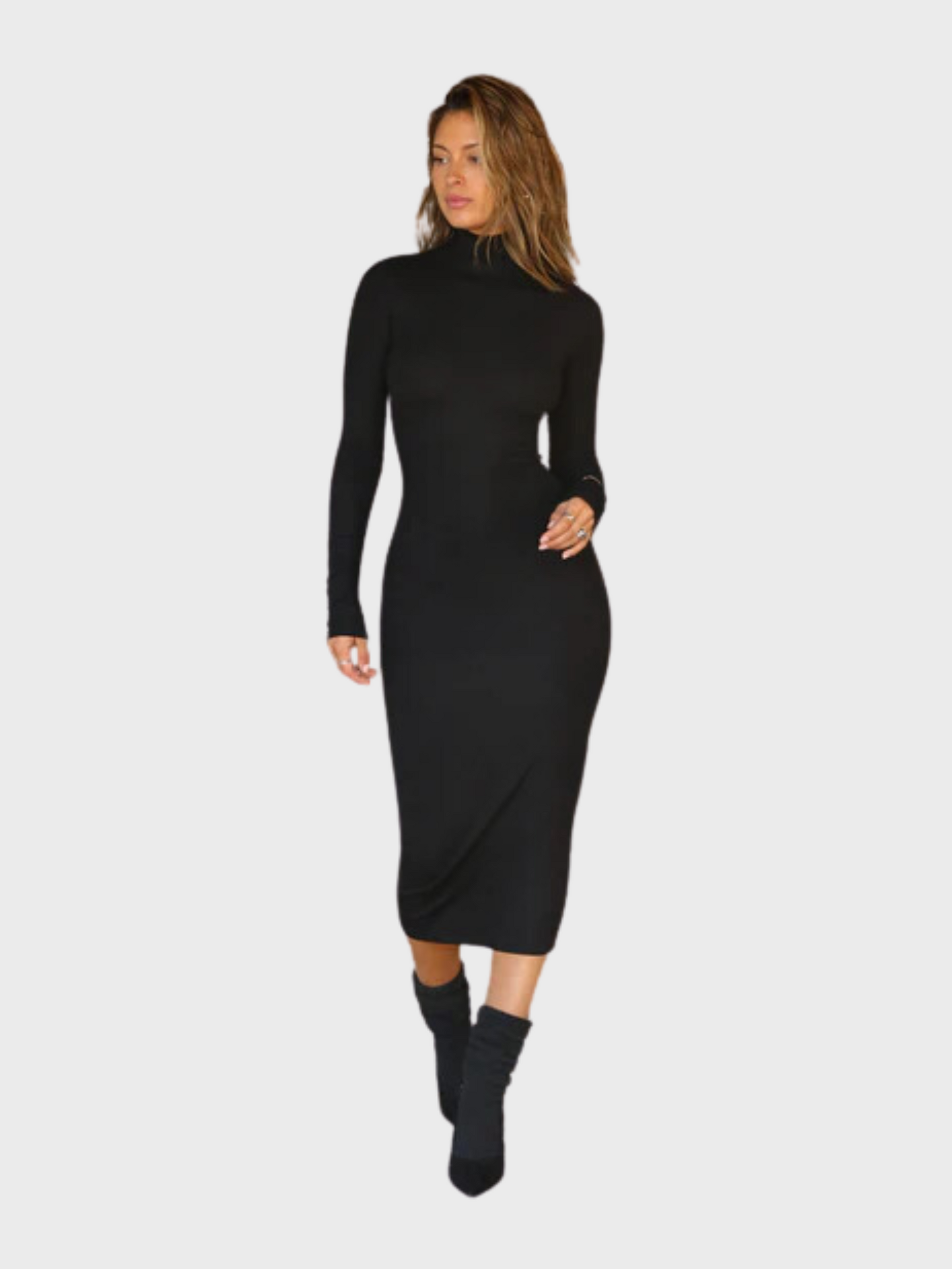 Joah Brown Mock Neck Midi Dress- Black Rib. Shop Women's