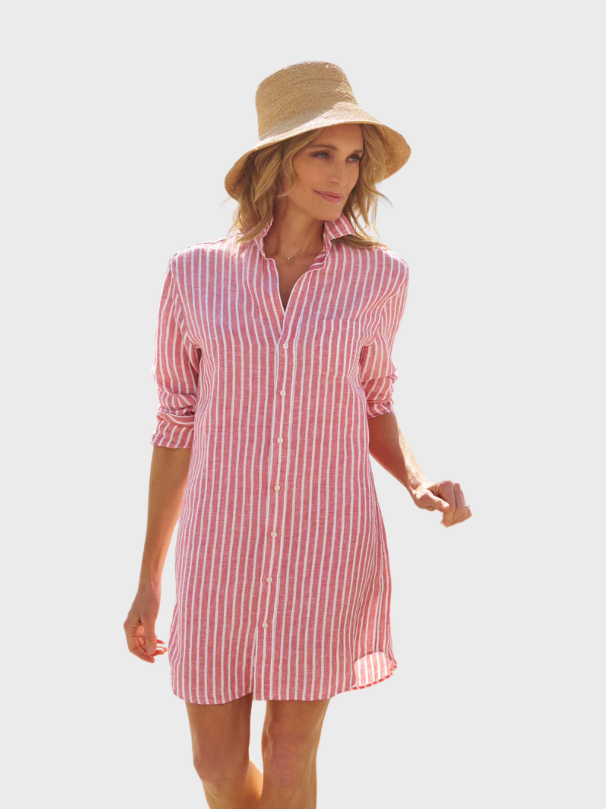 Frank & Eileen Mary Classic Shirtdress Red White Textured Stripe-Dresses-West of Woodward Boutique-Vancouver-Canada