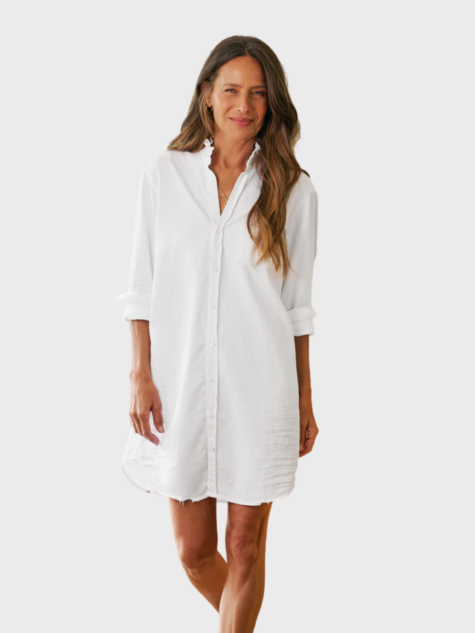 Frank & Eileen Mary Ruffle Classic Shirtdress White-Dresses-West of Woodward Boutique-Vancouver-Canada