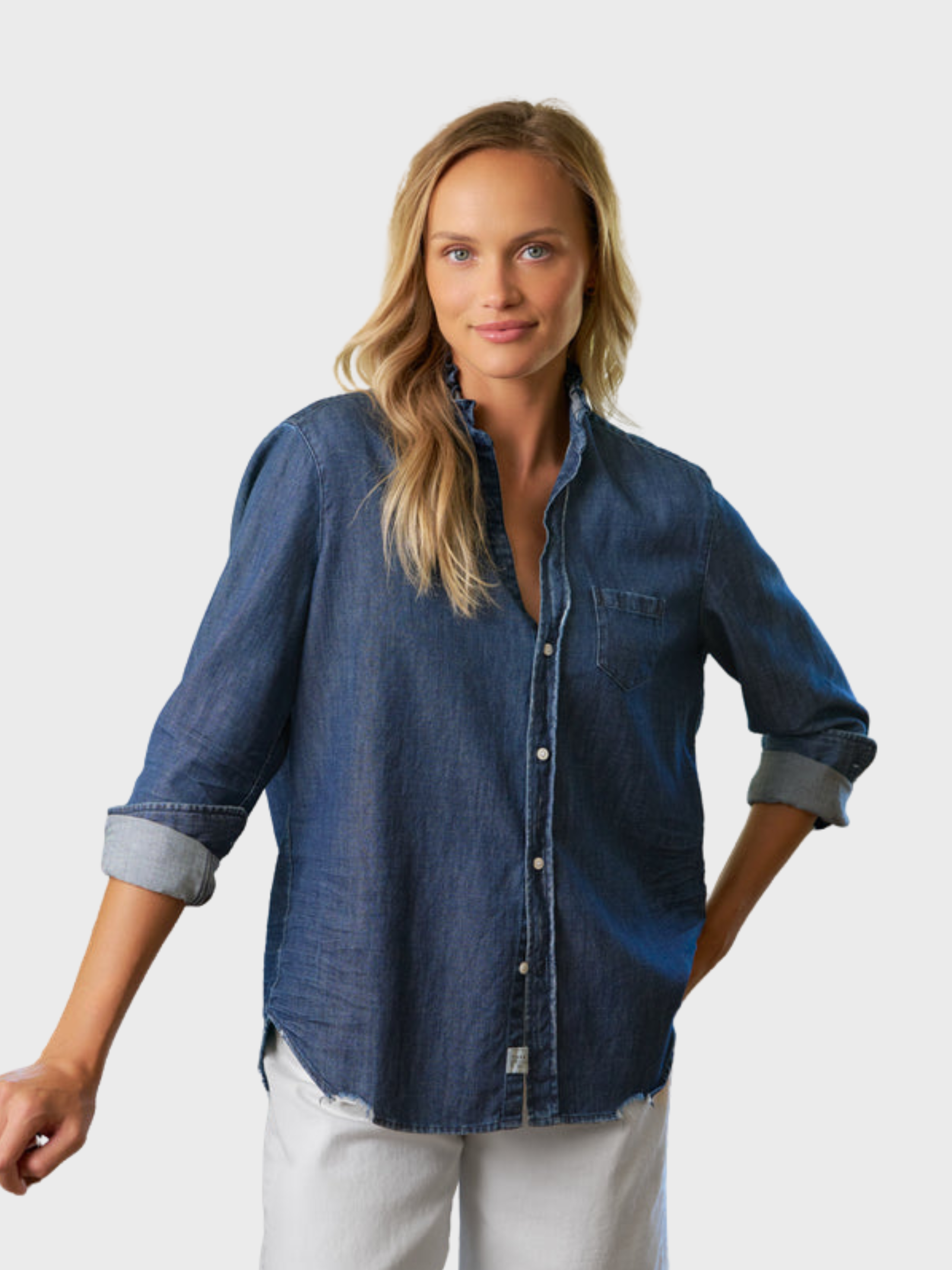 Frank & Eileen Ruffle Eileen Button Up Shirt Vintage Dark Wash-Shirts-West of Woodward Boutique-Vancouver-Canada