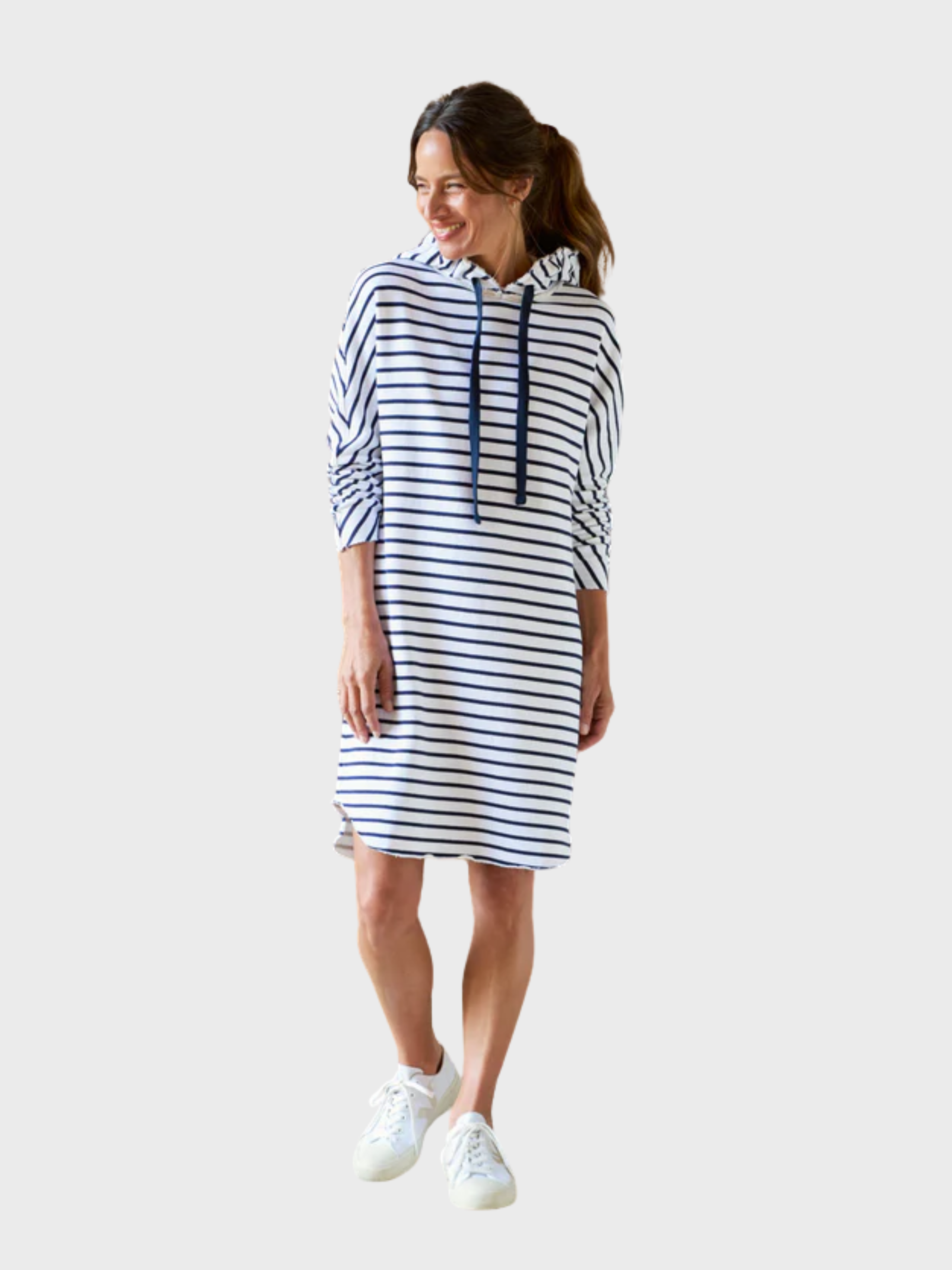 Frank & Eileen Mini James Hooded Cape Dress White Navy Stripe-Sweatshirts-West of Woodward Boutique-Vancouver-Canada