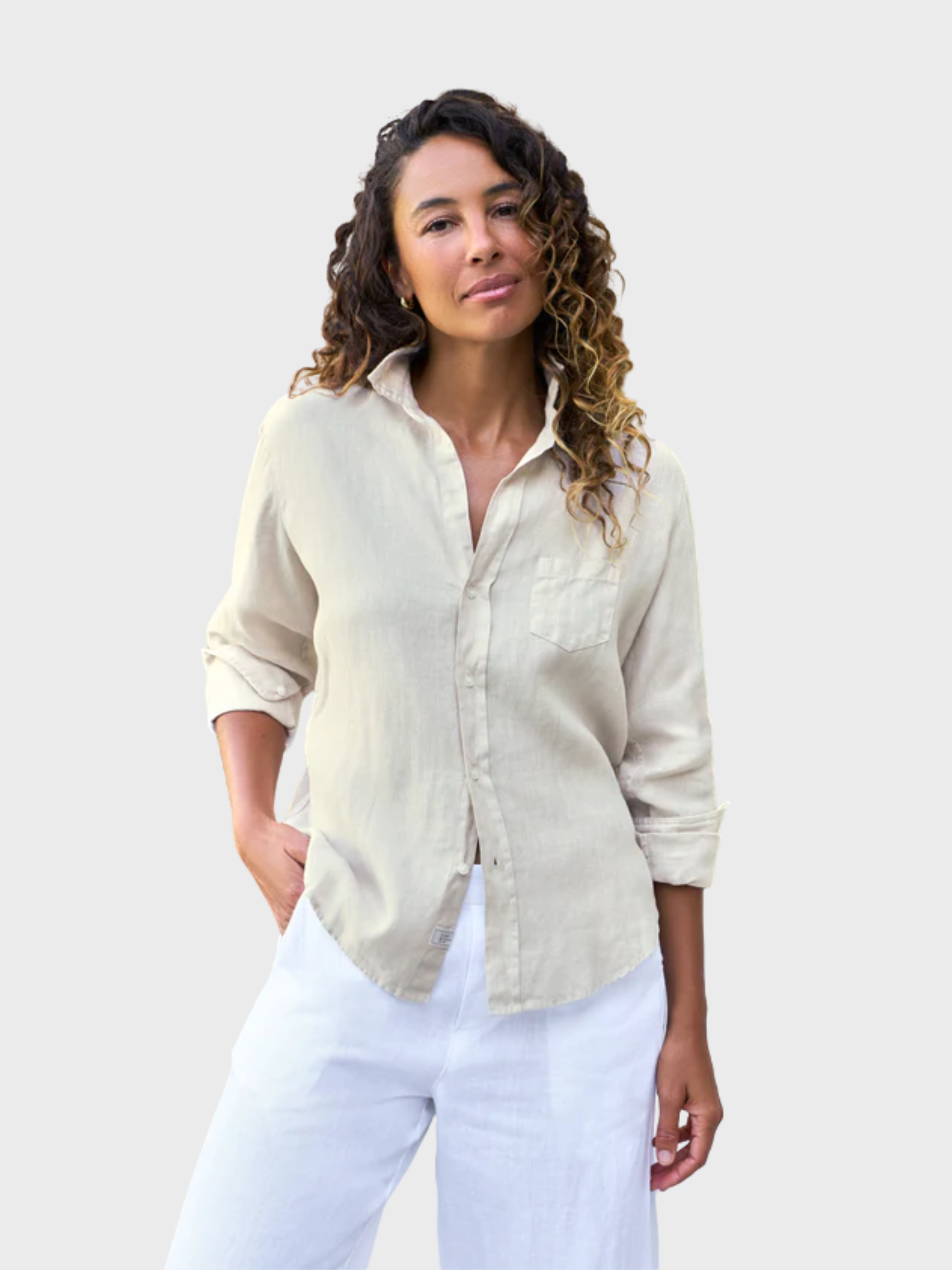 Frank & Eileen Eileen Button Up Shirt Sand Linen-Shirts-West of Woodward Boutique-Vancouver-Canada