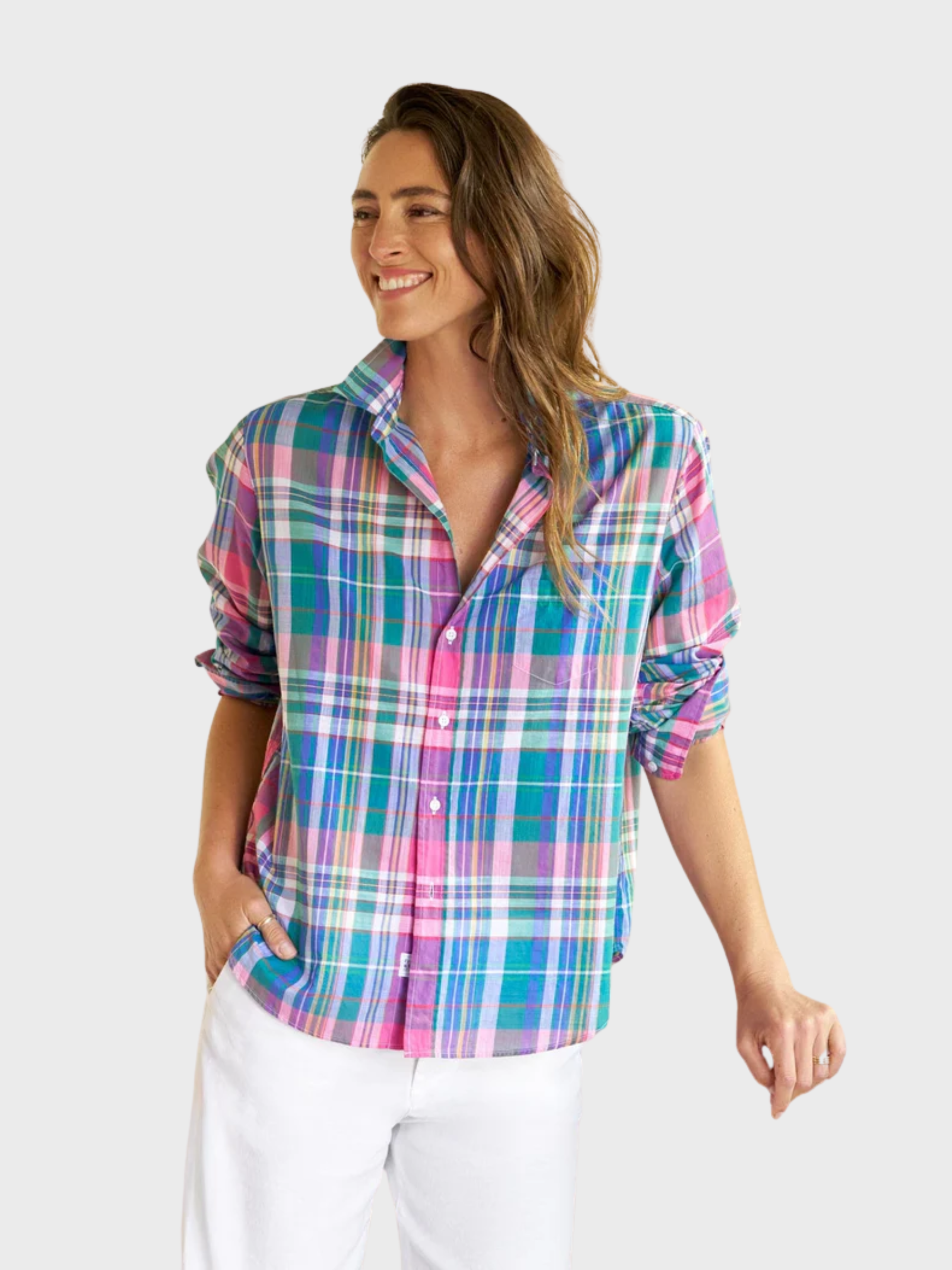 Frank & Eileen Eileen Button Up Shirt Green Purple Orange Plaid-Shirts-West of Woodward Boutique-Vancouver-Canada