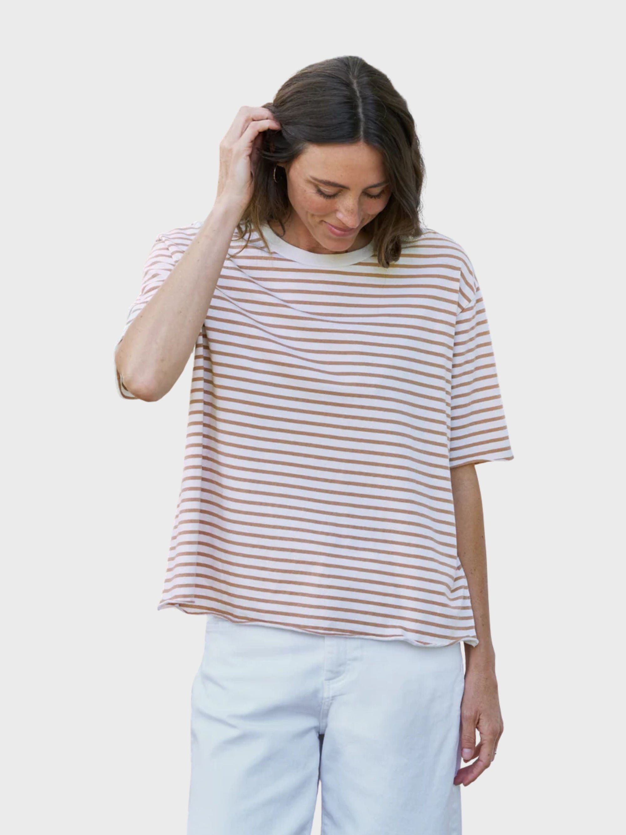 Frank & Eileen Perry NYC Tee Vintage White Camel Stripe-T-Shirts-West of Woodward Boutique-Vancouver-Canada