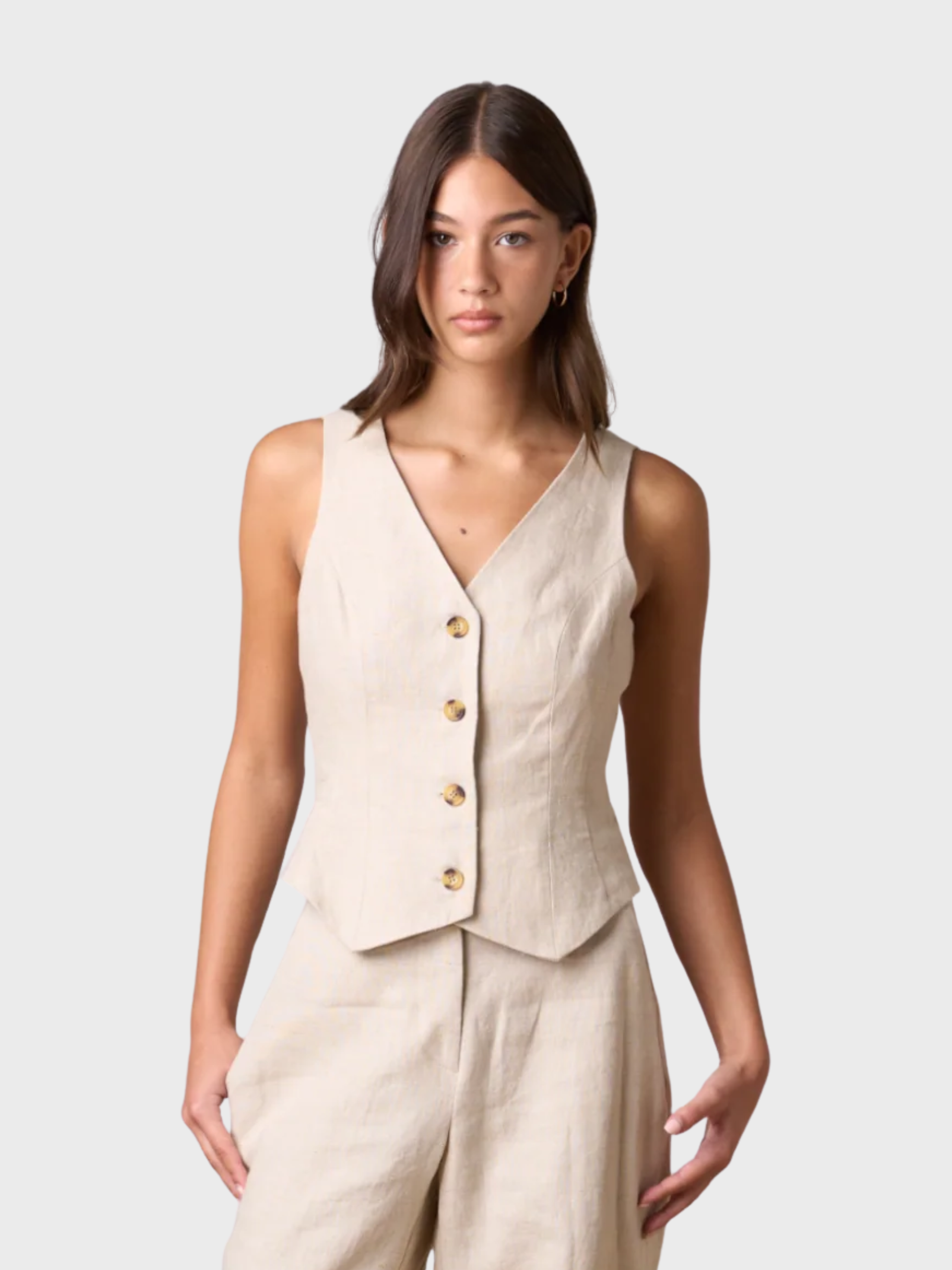 Whitney Linen Tailored Vest Natural-T-Shirts-West of Woodward Boutique-Vancouver-Canada