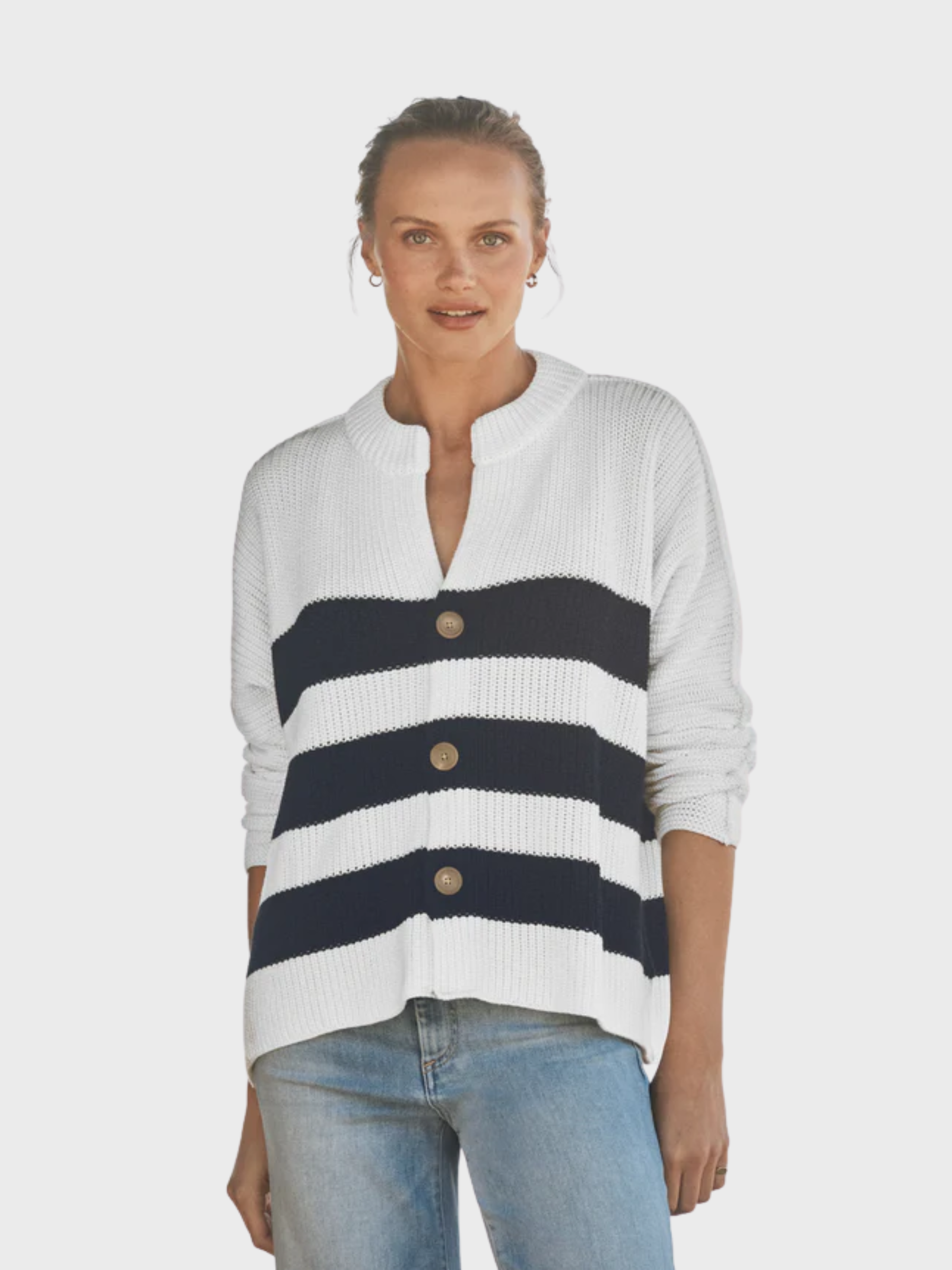Frank & Eileen Montecito Cardigan White Navy Stripe-Sweatshirts-West of Woodward Boutique-Vancouver-Canada