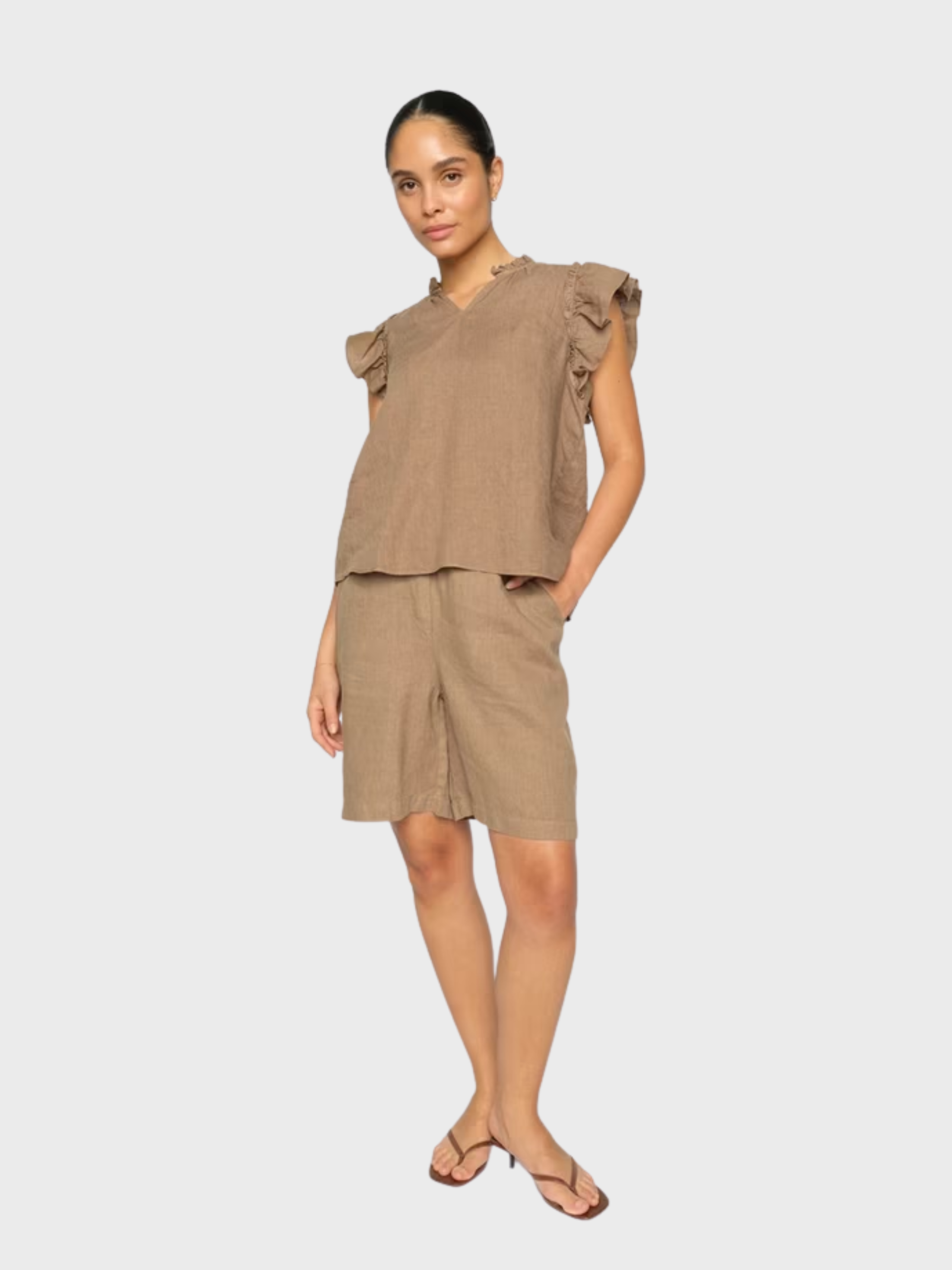 Mos Mosh Emmie Linen Bermuda Shorts Petrified Oak-Shorts-West of Woodward Boutique-Vancouver-Canada