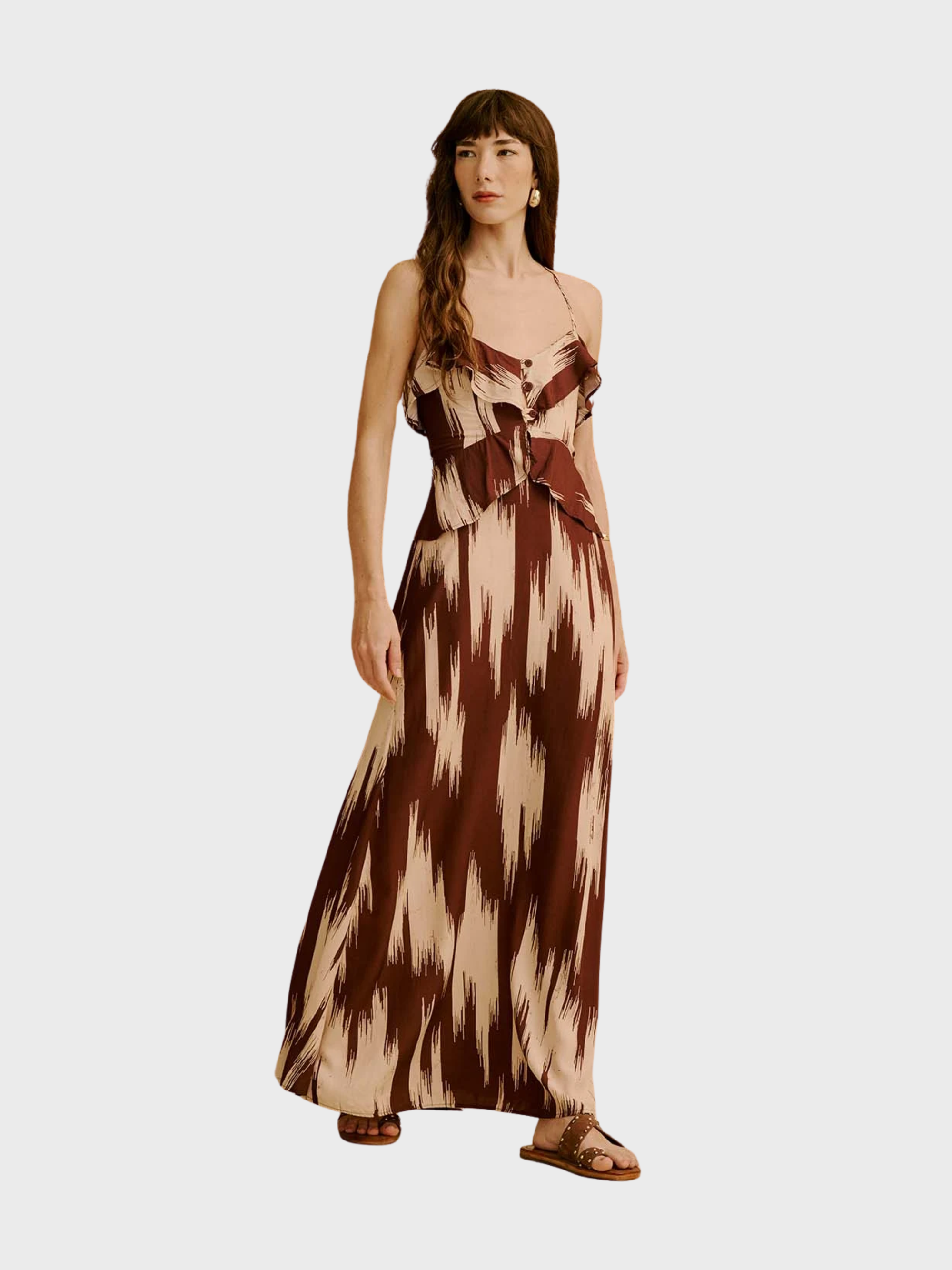 brown dresses canada Cacay Ruffled Neckline Printed Dress Brown. Shop Women's Dresses Online or  Visit West of Woodward in Yaletown, Vancouver