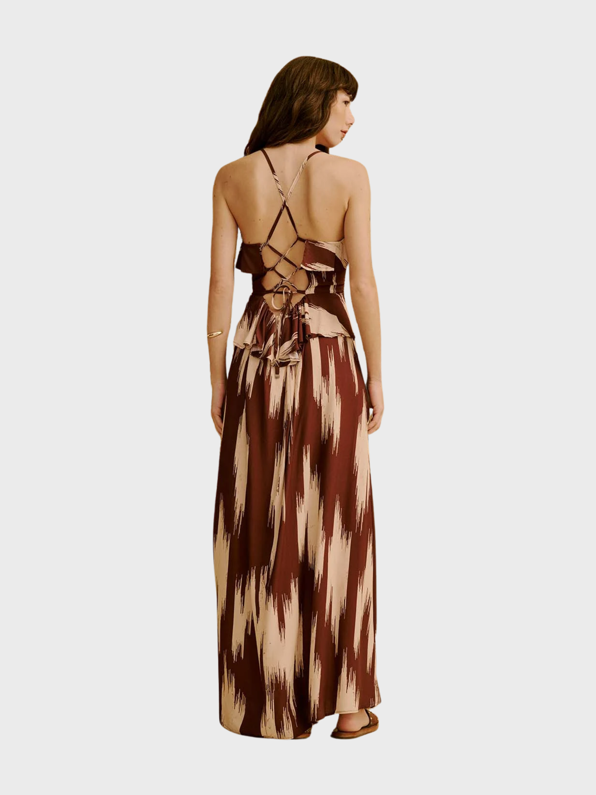 Cacay Ruffled Neckline Printed Dress Brown-Dresses-West of Woodward Boutique-Vancouver-Canada