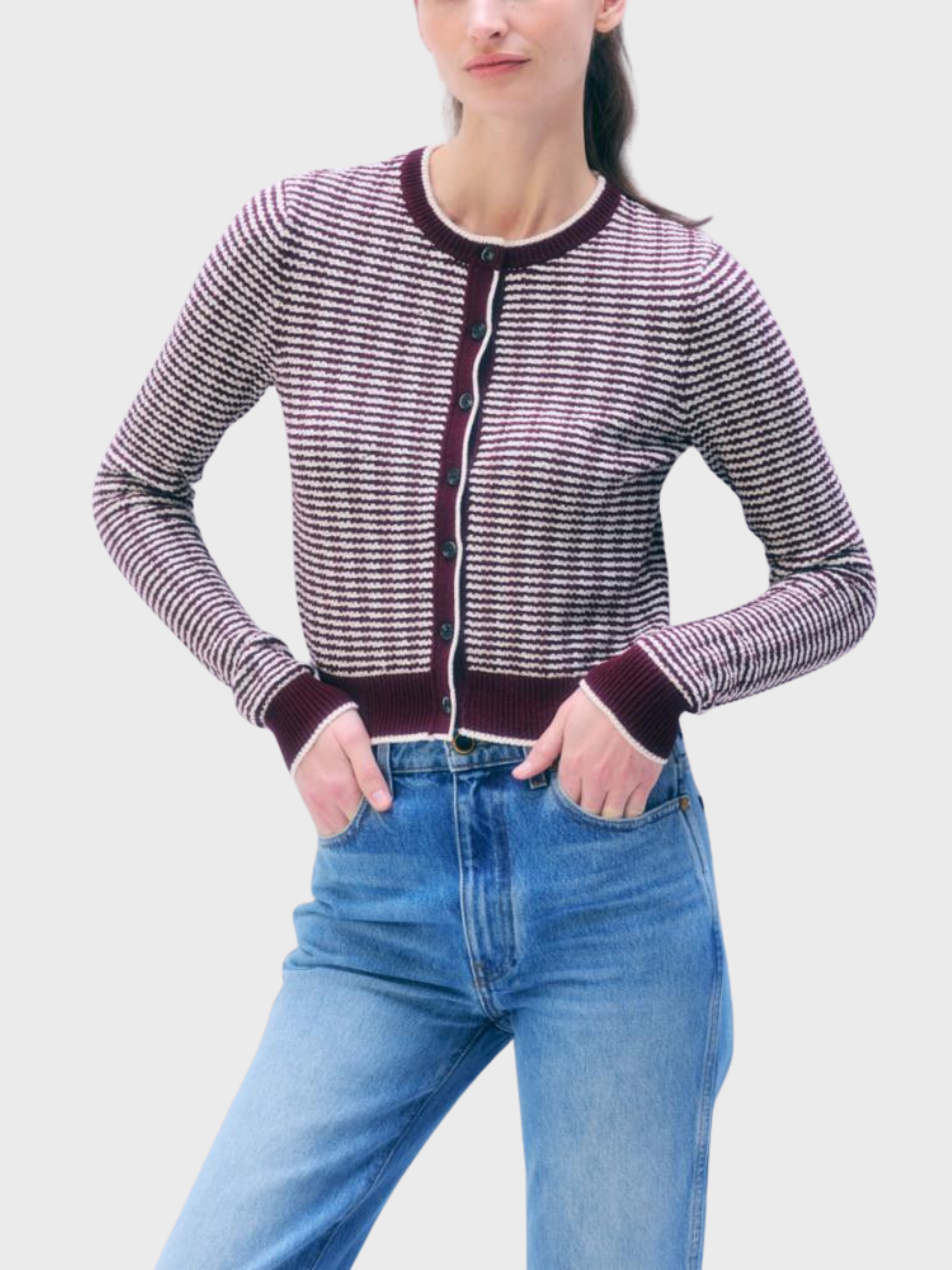 White + Warren Boucle Cardigan Sangria Ivory Stripe-Sweaters-West of Woodward Boutique-Vancouver-Canada
