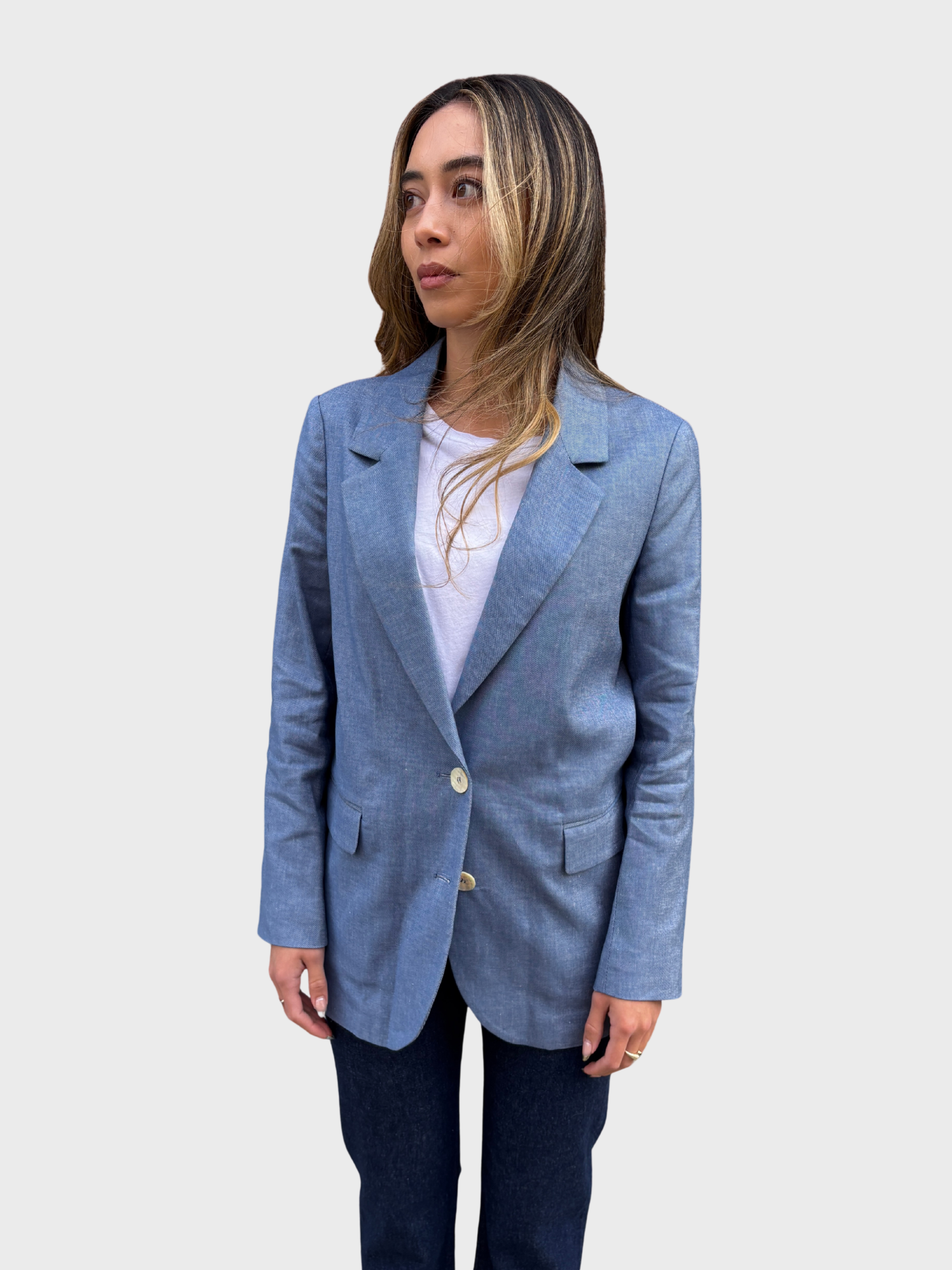Normeet Denim Blue Linen Blazer Jacket-Jackets-West of Woodward Boutique-Vancouver-Canada