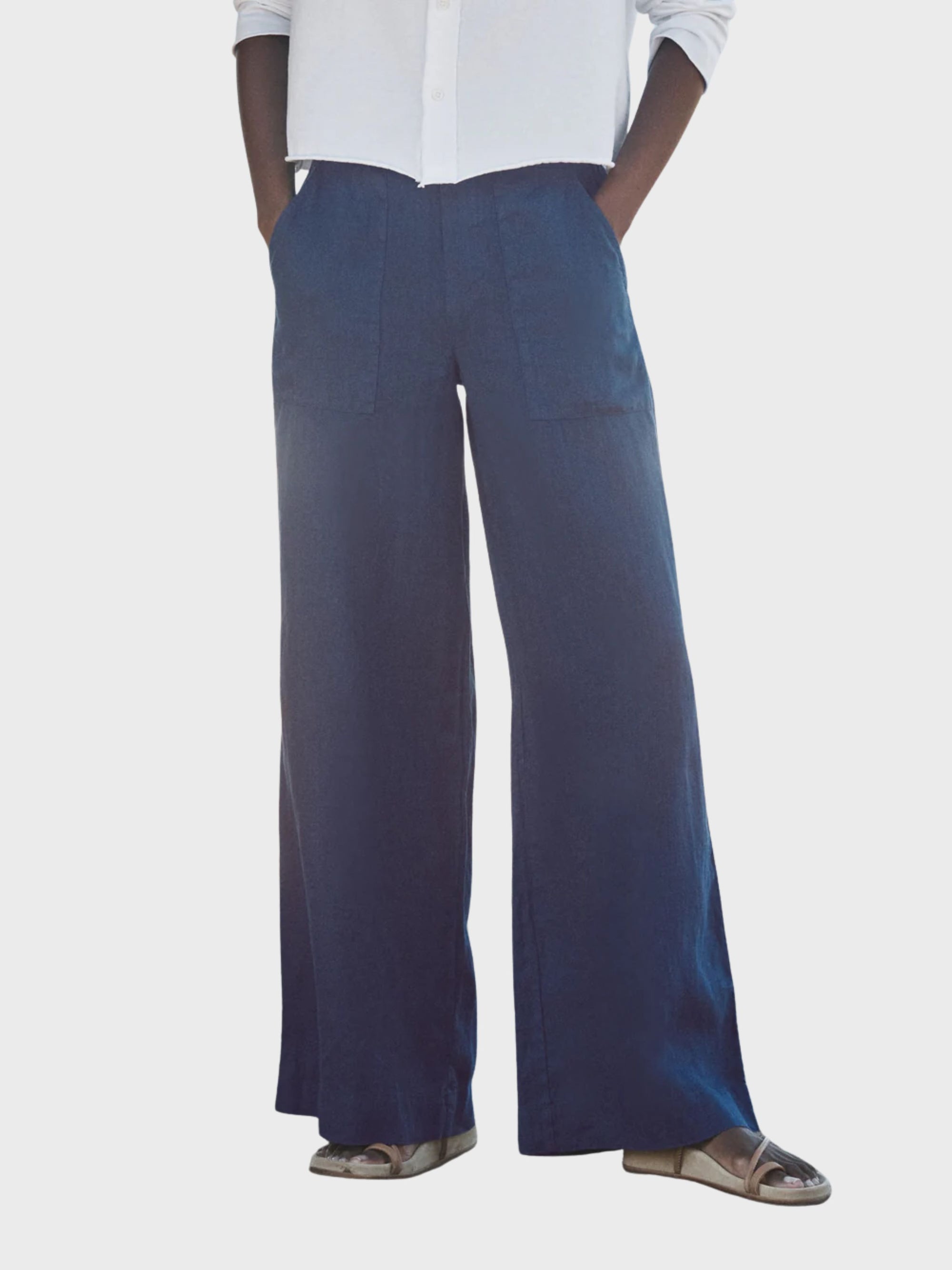 Frank & Eileen Madeline Linen Patch Pocket Pull On Pant Navy-Pants-West of Woodward Boutique-Vancouver-Canada