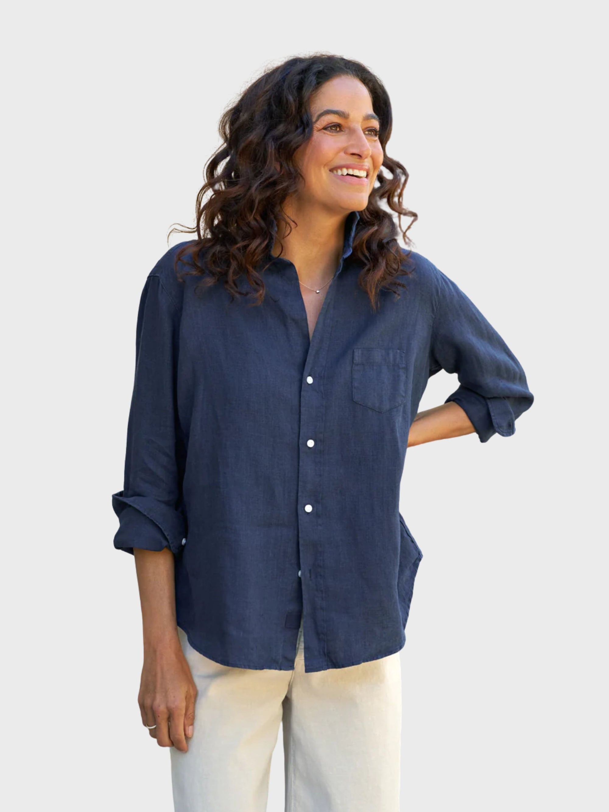 Frank & Eileen Eileen Button Up Linen Shirt Navy-Shirts-West of Woodward Boutique-Vancouver-Canada