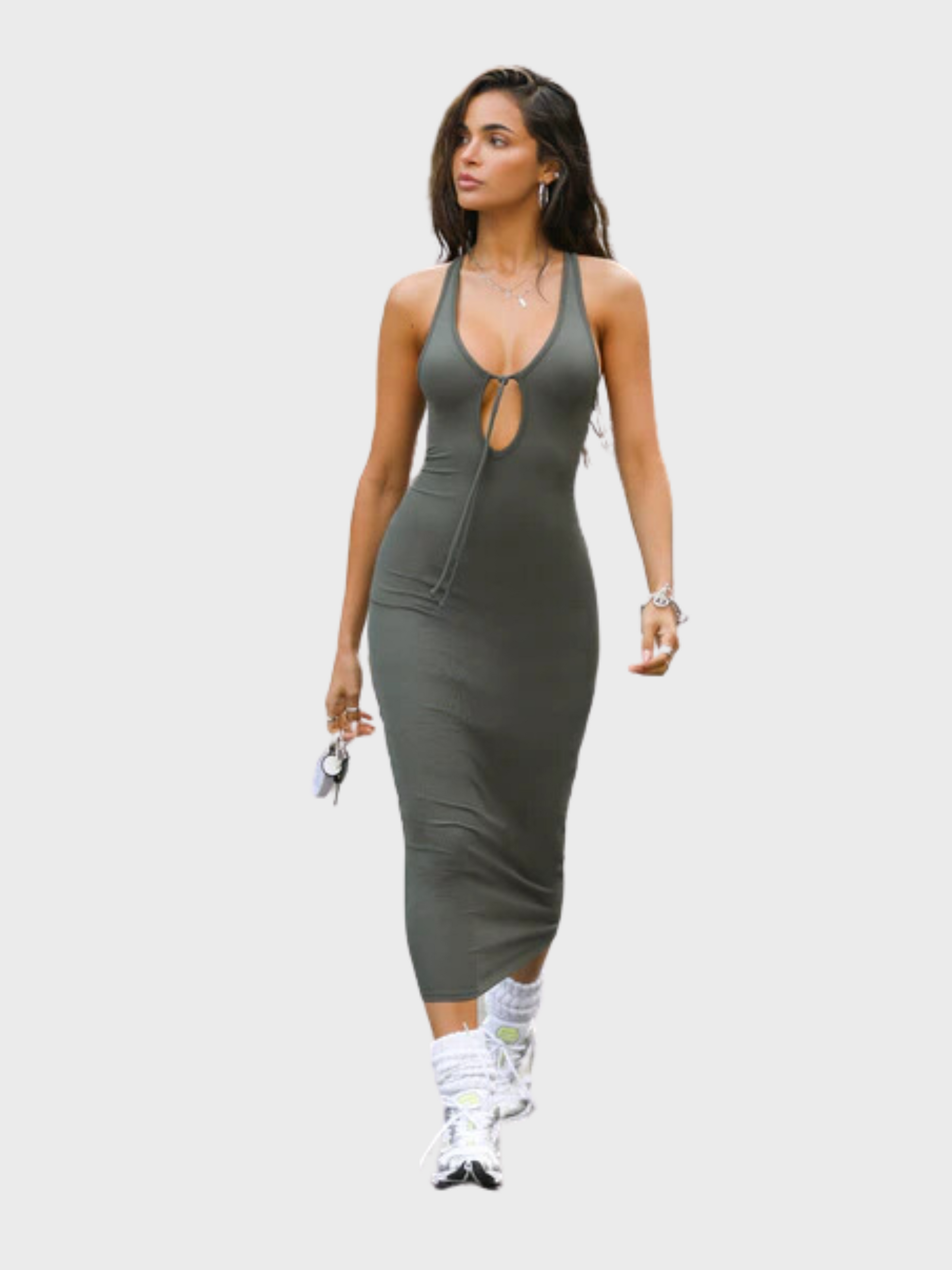 Joah Brown Plunge Tie Midi Dress Mineral Flexrib-Dresses-X/S-West of Woodward Boutique-Vancouver-Canada