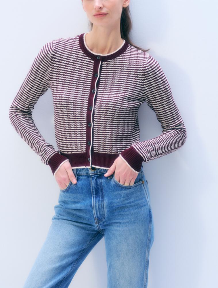 White + Warren Boucle Cardigan Sangria Ivory Stripe