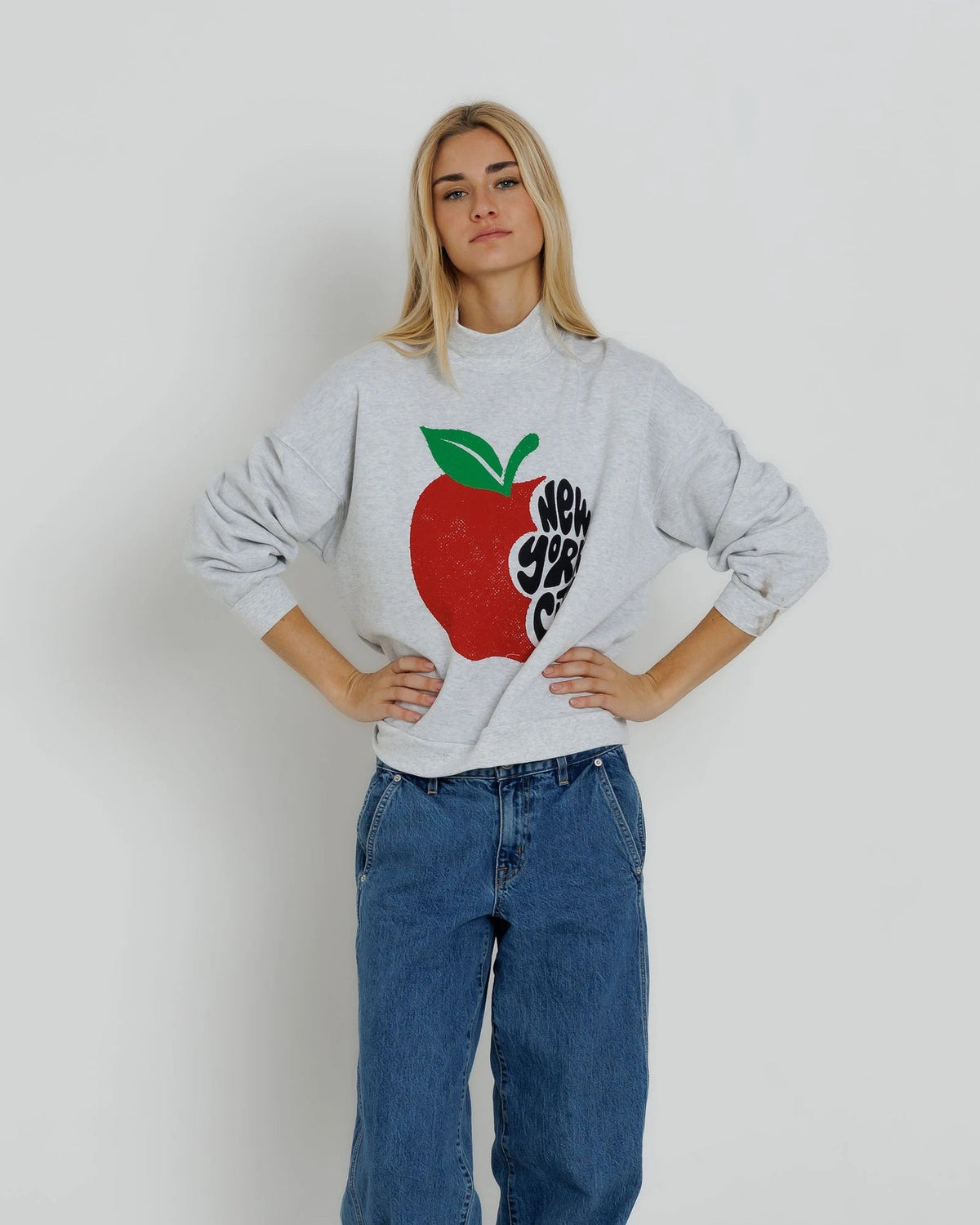 Sunny Somewhere NYC Apple Bite Mockneck Sweatshirt Heather Ash-Sweatshirts-West of Woodward Boutique-Vancouver-Canada