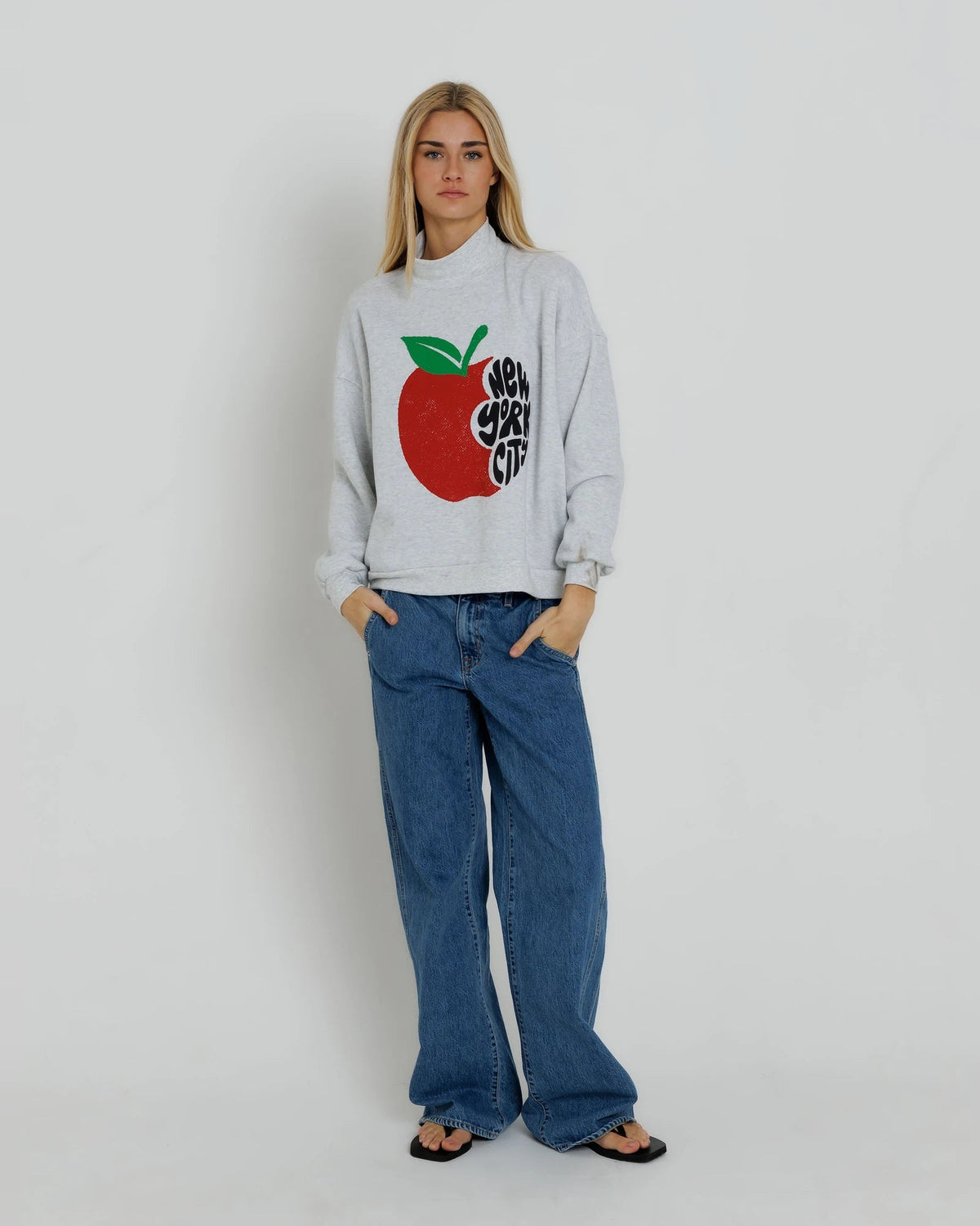 Sunny Somewhere NYC Apple Bite Mockneck Sweatshirt Heather Ash-Sweatshirts-West of Woodward Boutique-Vancouver-Canada